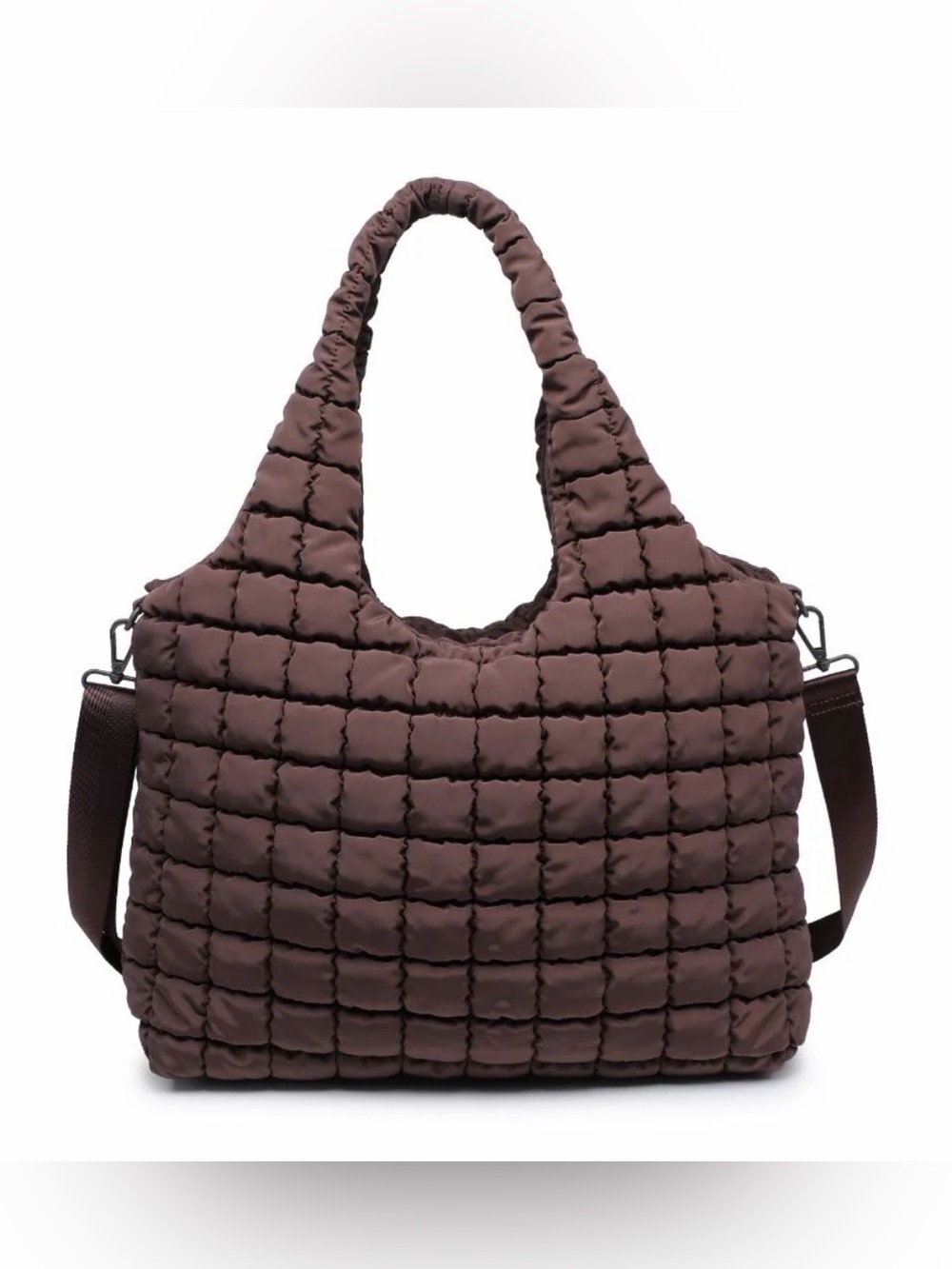 Sol and Selene Elevate Puffer Hobo Tote Bag Chocolate Brown Square Quilted